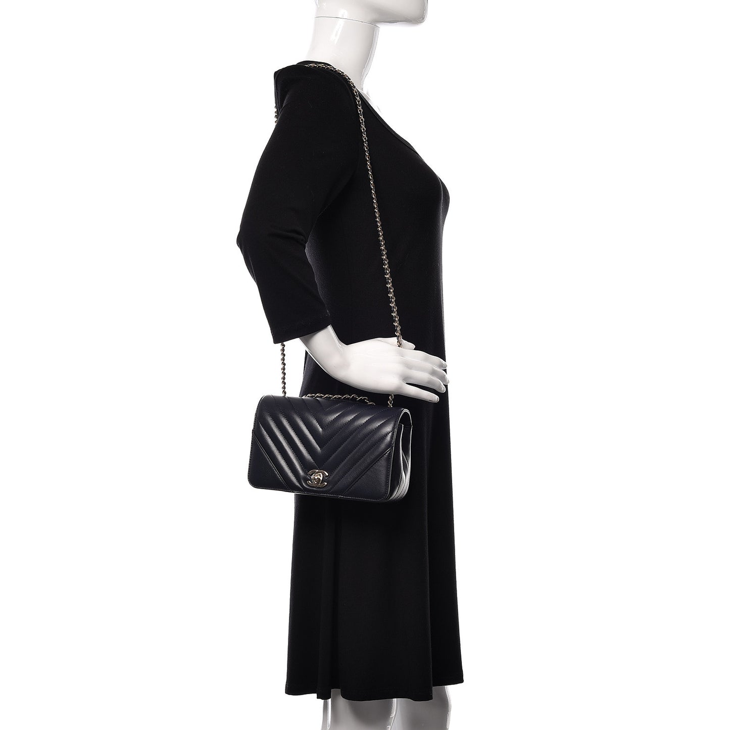 Calfskin Chevron Quilted Mini Statement Flap Navy Blue