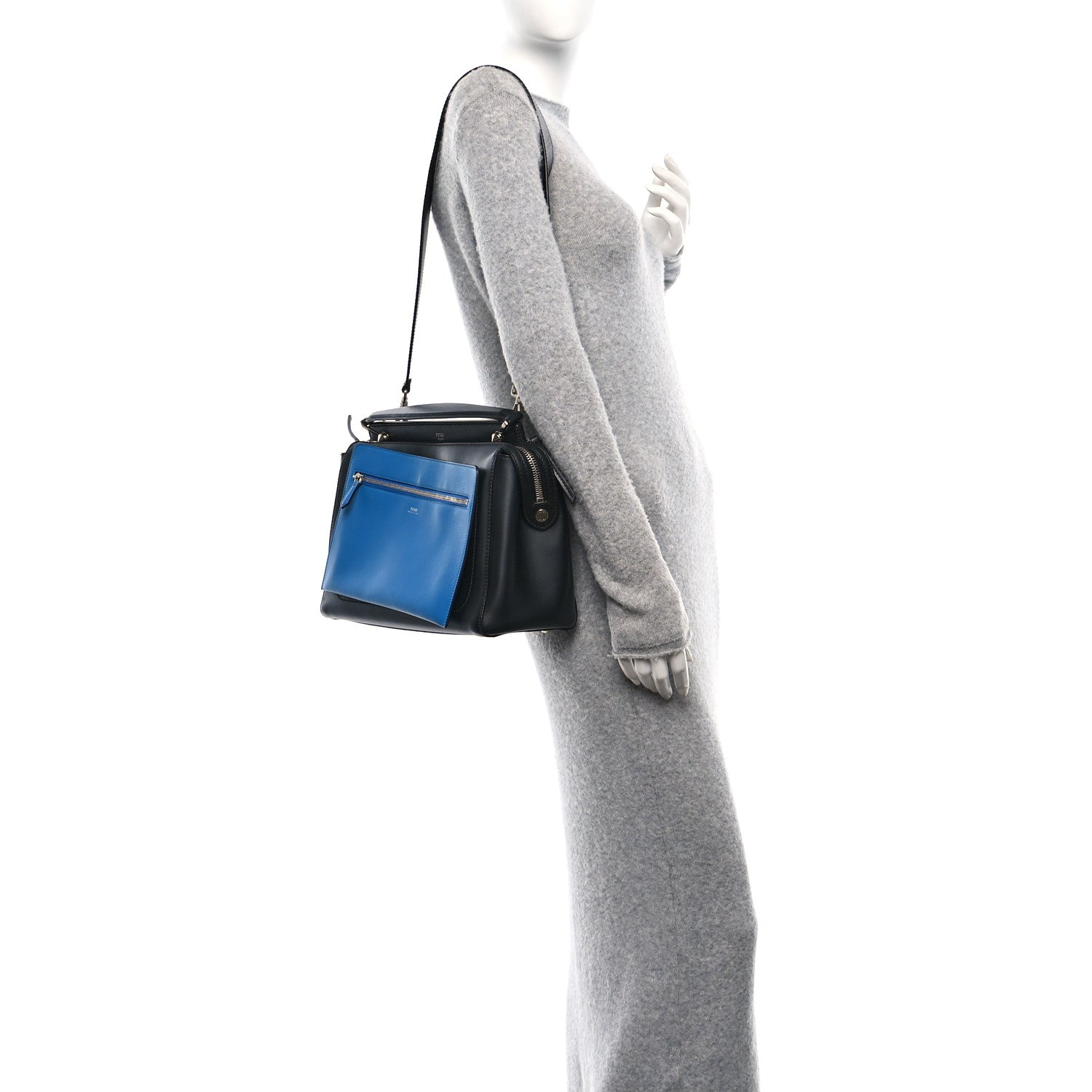 Fendi Vitello Baltico Dolce DotCom Satchel Black Blue Royal 2 of 16