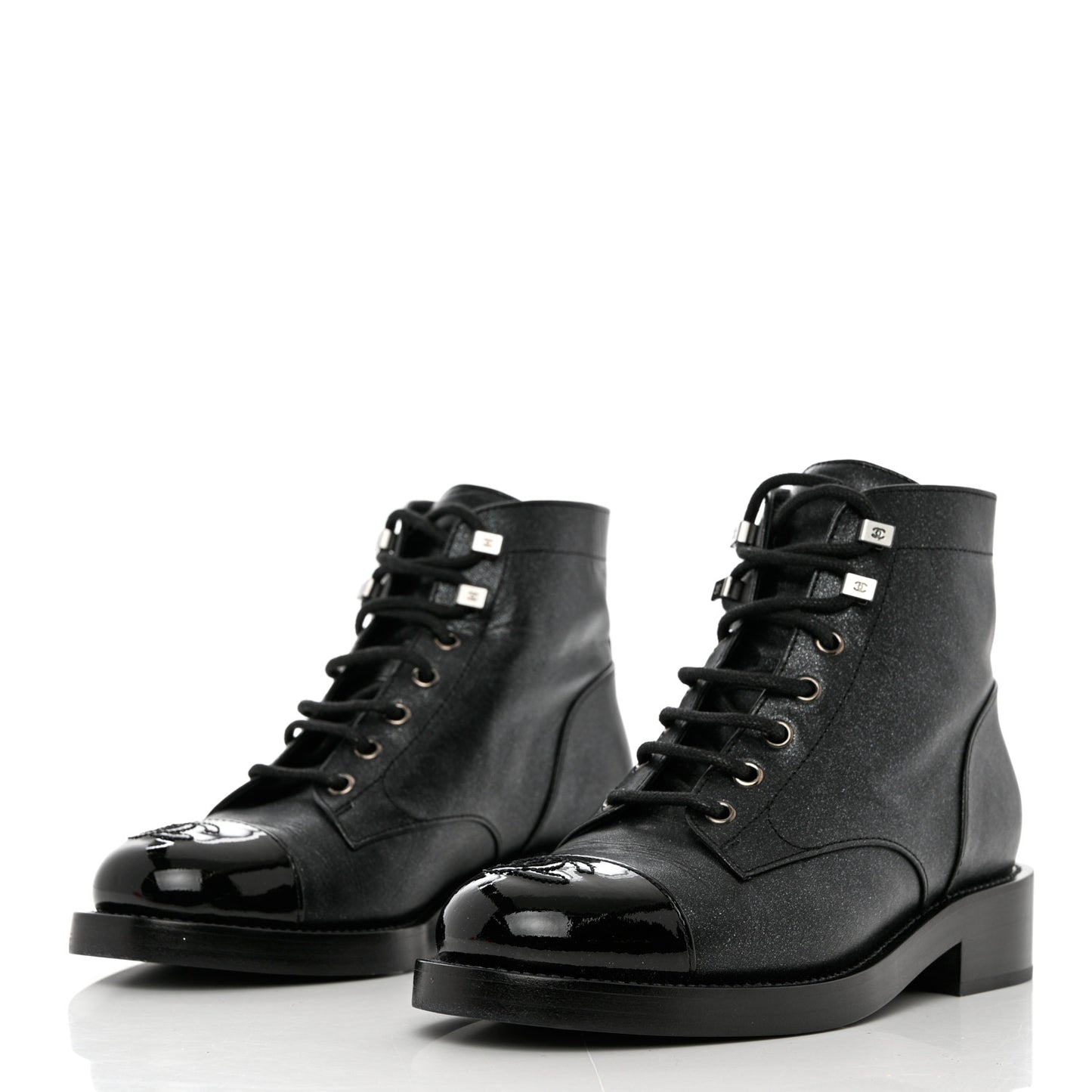 Iridescent Calfskin Patent Cap Toe Combat Boots 36.5 Black