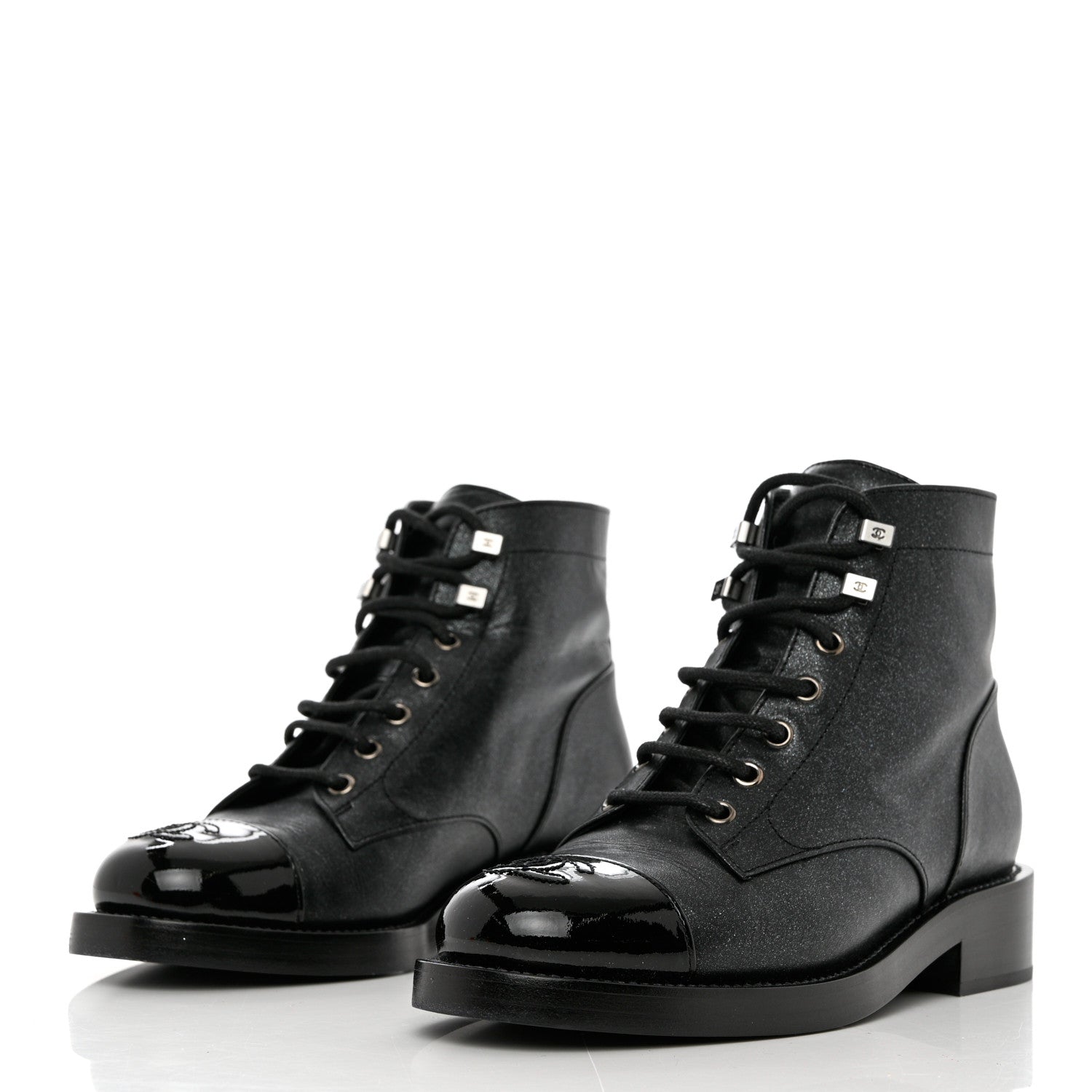 Chanel Iridescent Calfskin Patent Cap Toe Combat Boots 36.5 Black 3 of 10