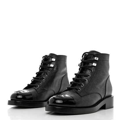 Chanel Iridescent Calfskin Patent Cap Toe Combat Boots 36.5 Black 3 of 10
