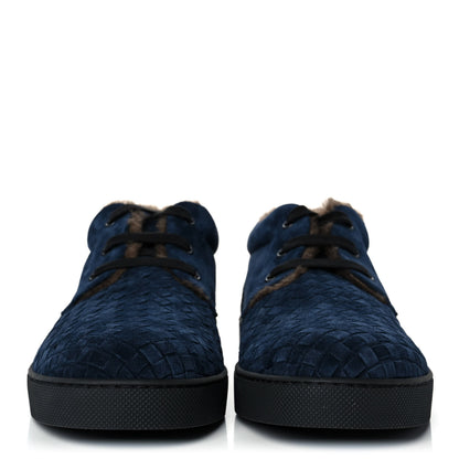Bottega Veneta Suede Shearling Intrecciato Lace Up Sneakers 44.5 Navy 2 of 7