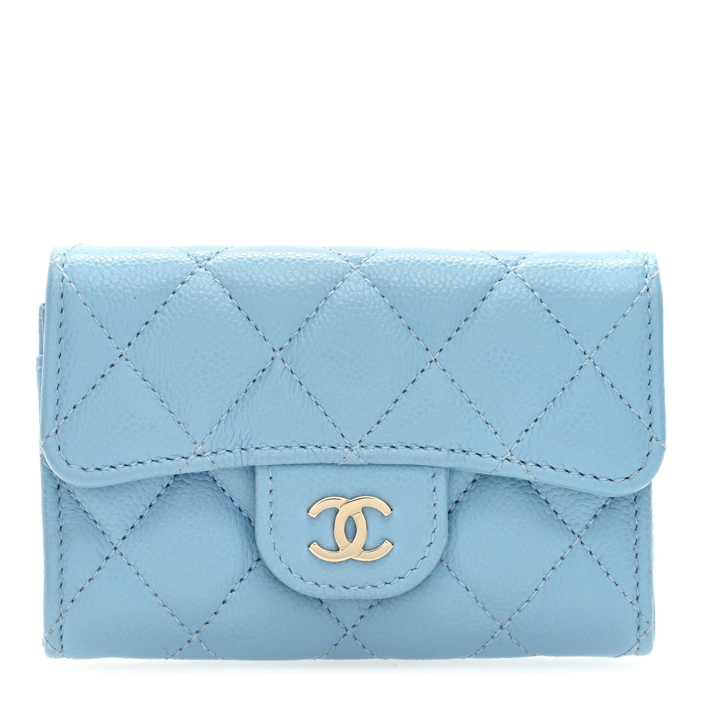 Caviar Quilted Flap Card Holder Wallet Light Blue