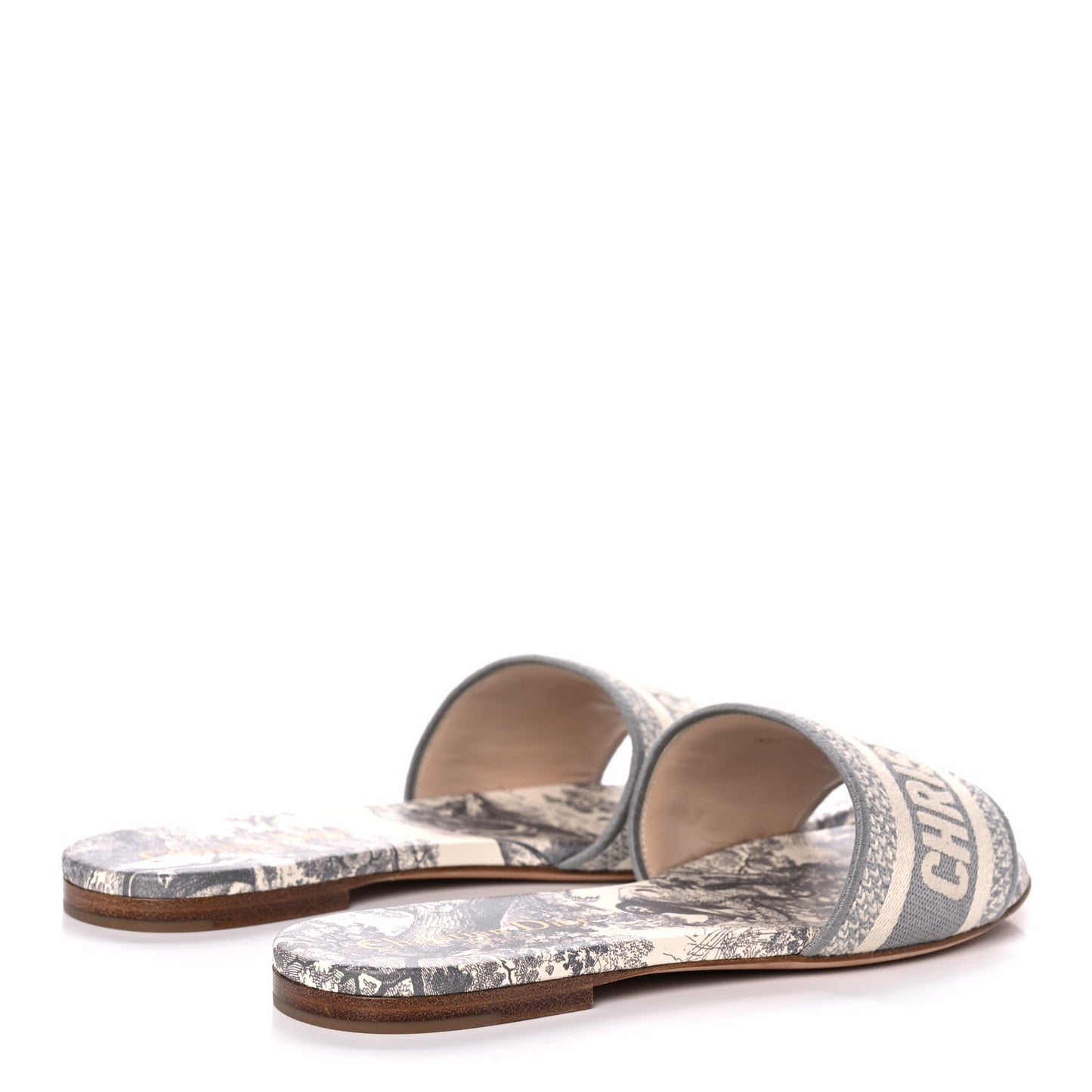 Canvas Toile De Jouy Embroidered Dway Flat Slide Sandals 36.5 Grey Stone