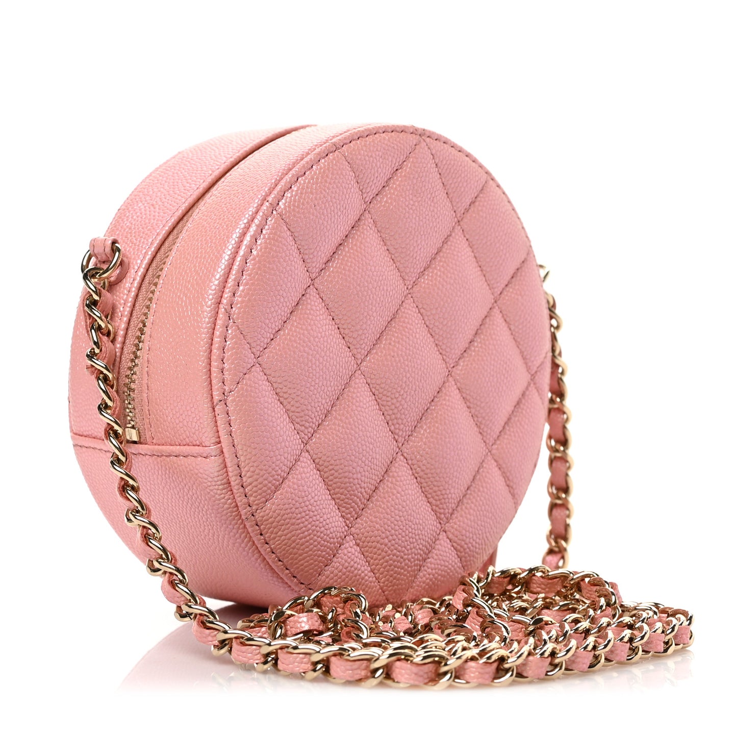 Iridescent Caviar Resin Quilted Round Clutch With Chain Pink