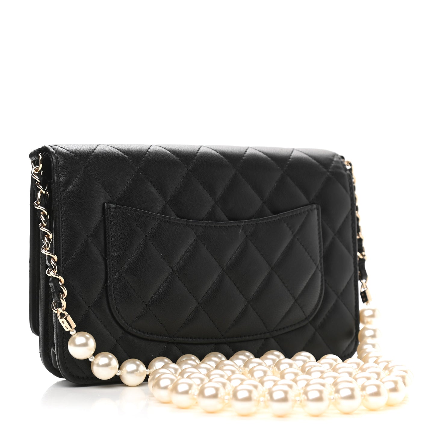 Lambskin Quilted Pearl Wallet On Chain WOC Black
