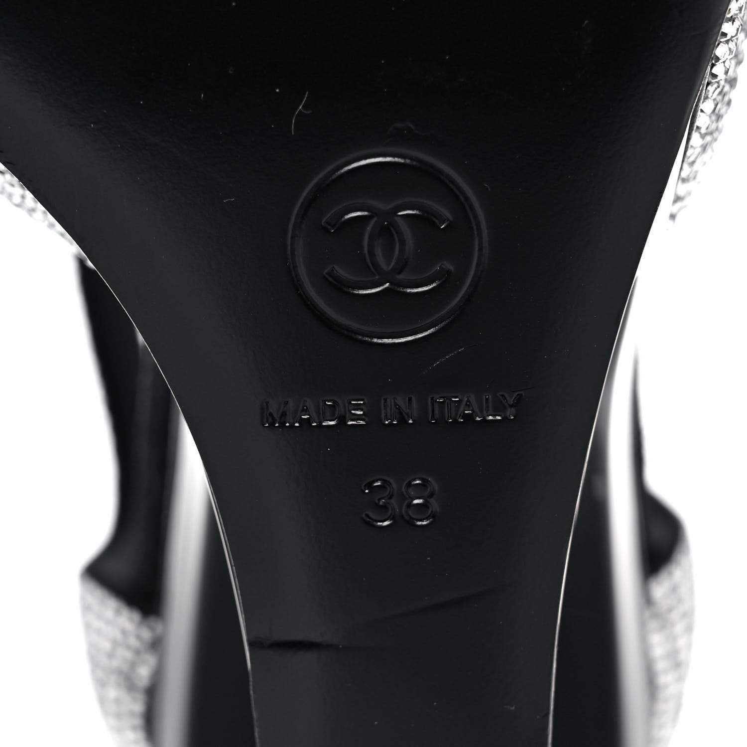 Chanel Crystal Cap Toe CC Wedge Ankle Strap Pumps 38 Silver Black 6 of 8