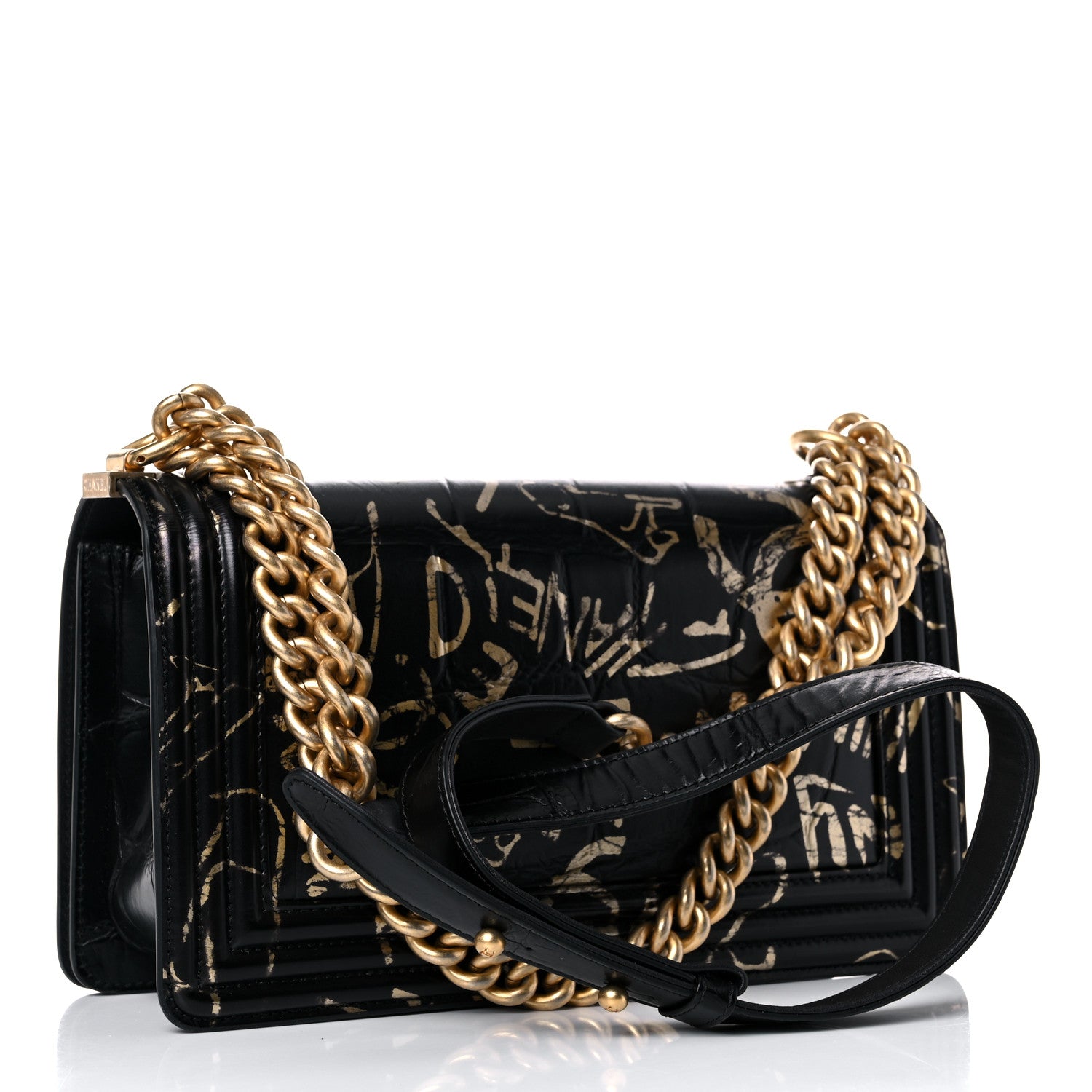 Chanel Calfskin Crocodile Embossed Graffiti Cocodile Medium Boy Flap Black 3 of 12