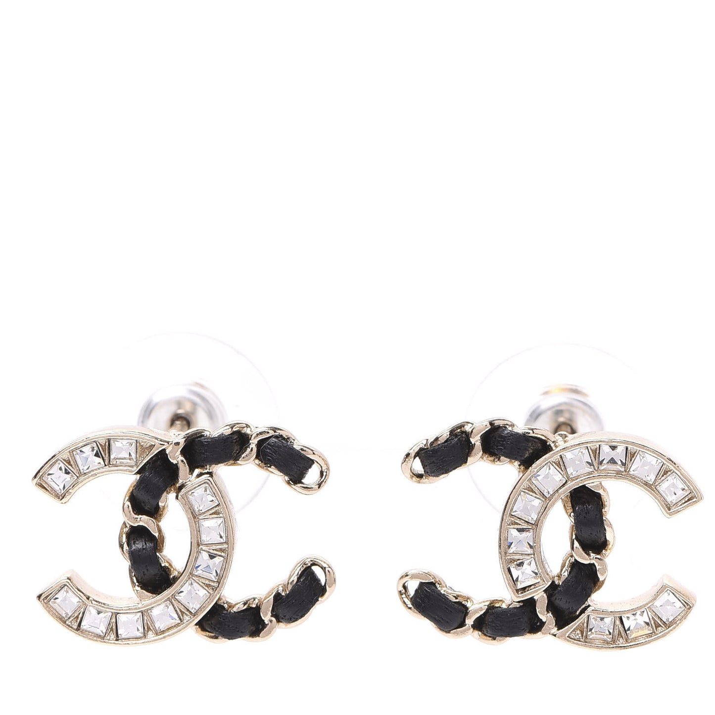 Crystal Baguette Lambskin Chain CC Vintage Allure Stud Earrings Black Gold