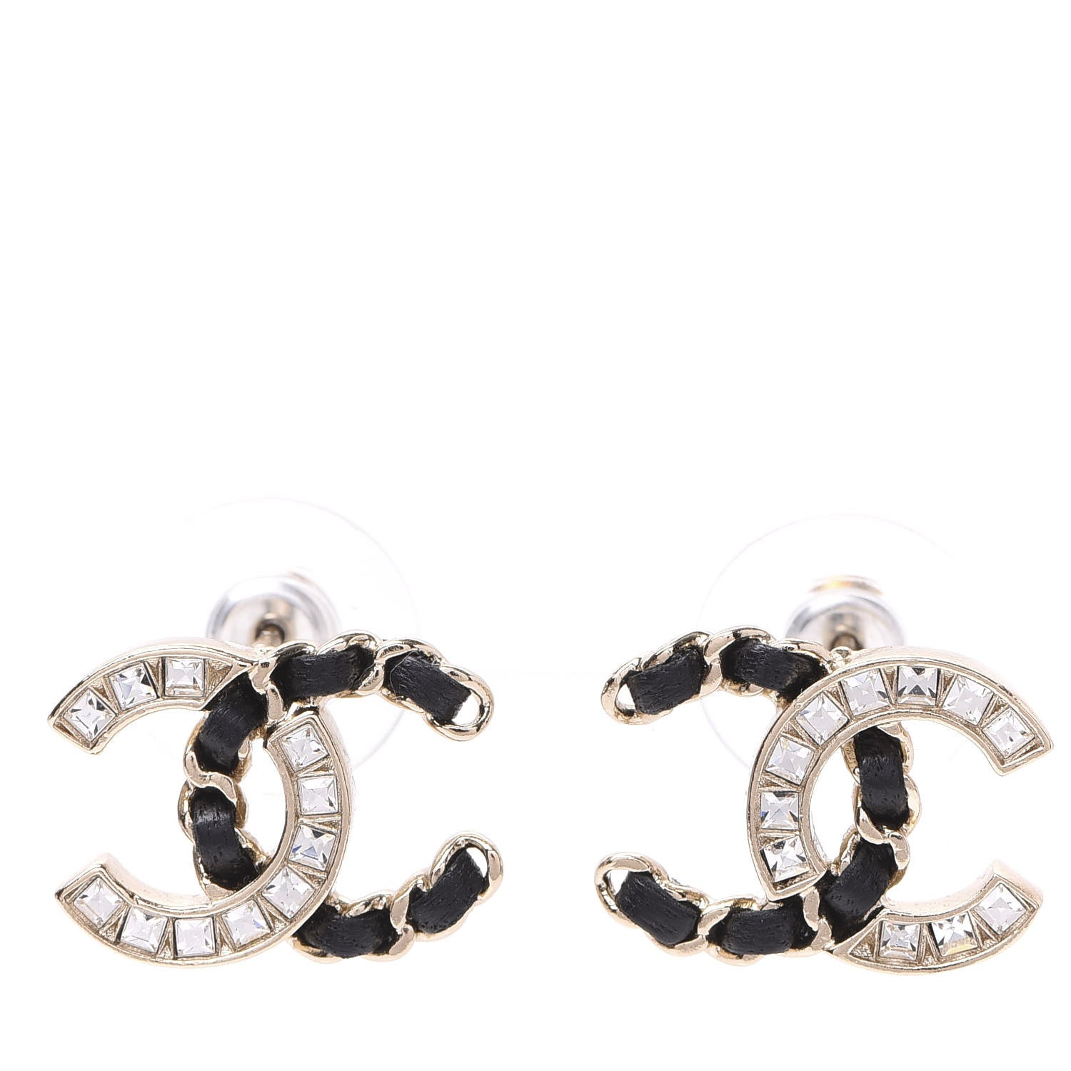 Chanel Crystal Baguette Lambskin Chain CC Vintage Allure Stud Earrings Black Gold 1 of 5