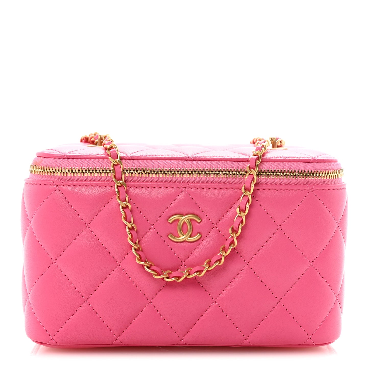 Lambskin Enamel Quilted Small Coco Hearts Vanity Case With Chain Pink