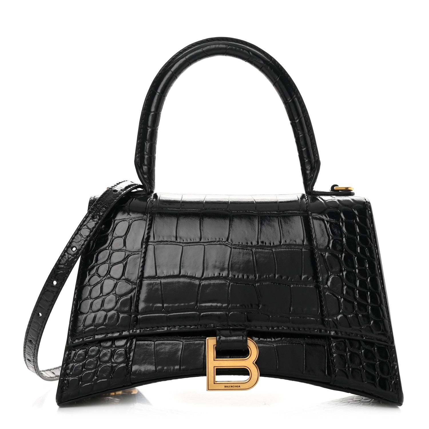 Balenciaga Shiny Calfskin Crocodile Embossed Small Hourglass Top Handle Bag Black 1 of 16