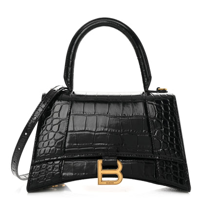 Balenciaga Shiny Calfskin Crocodile Embossed Small Hourglass Top Handle Bag Black 1 of 16