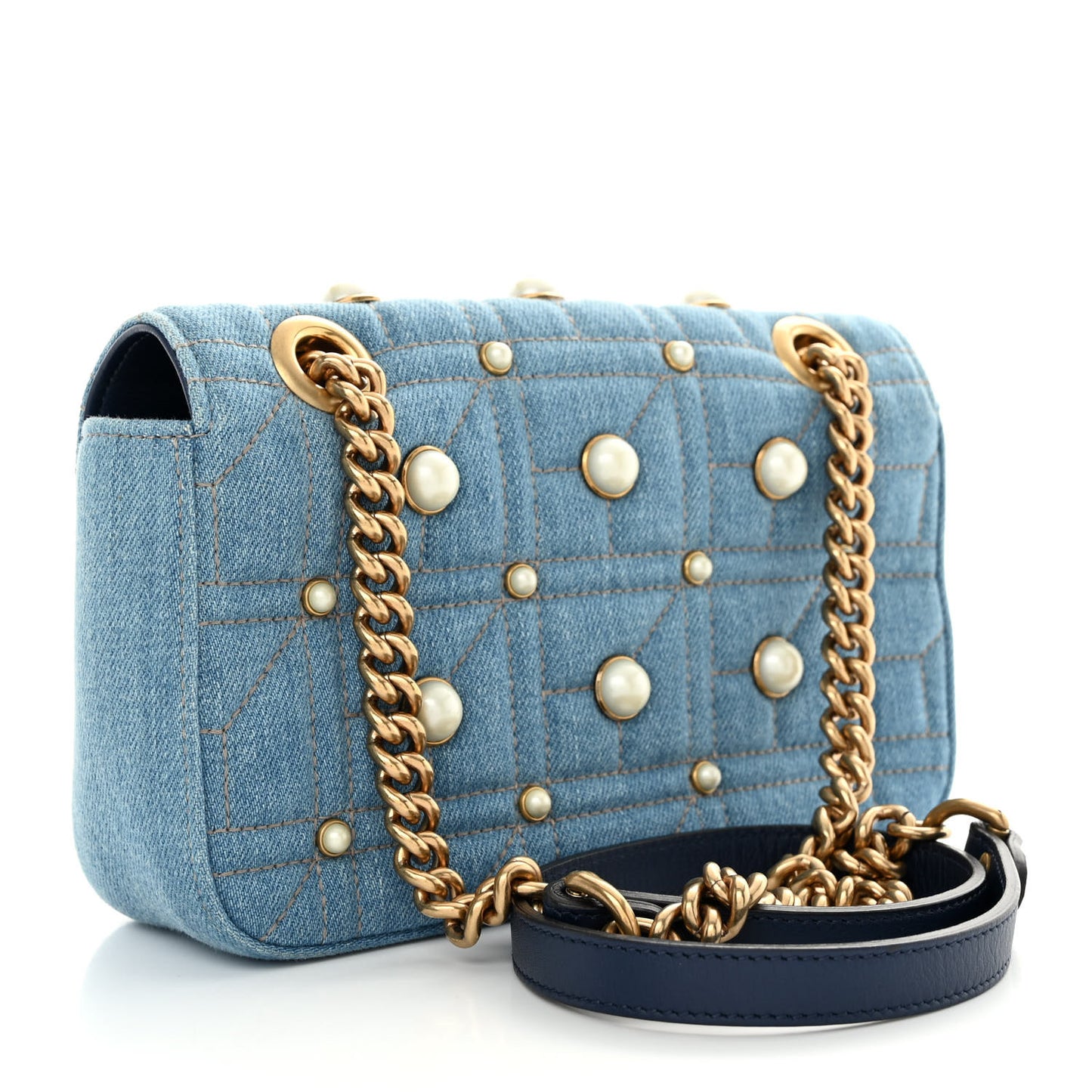 Denim Matelasse Pearl Studded Mini GG Marmont Shoulder Bag Blue