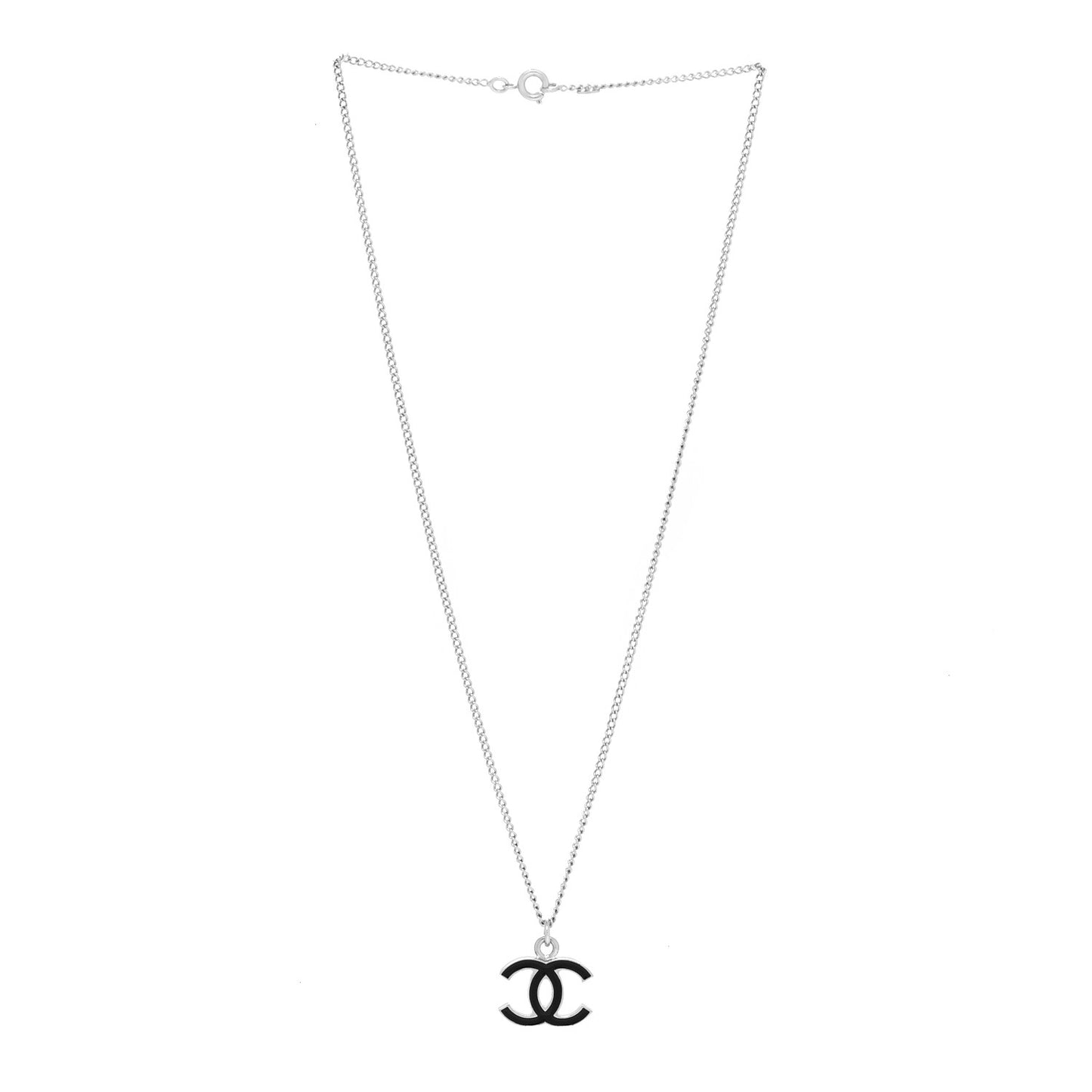Enamel CC Pendant Necklace Black Silver