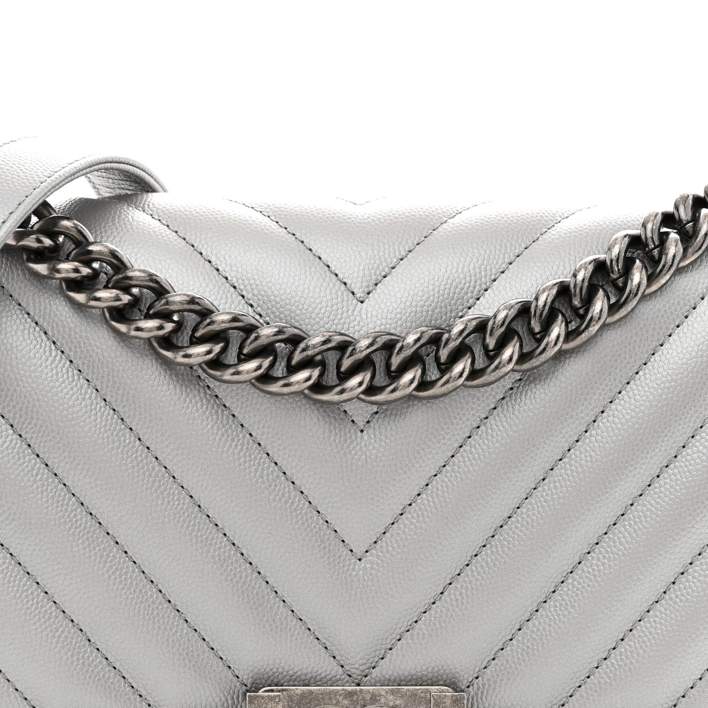 Metallic Caviar Chevron Quilted Medium Boy Flap Silver