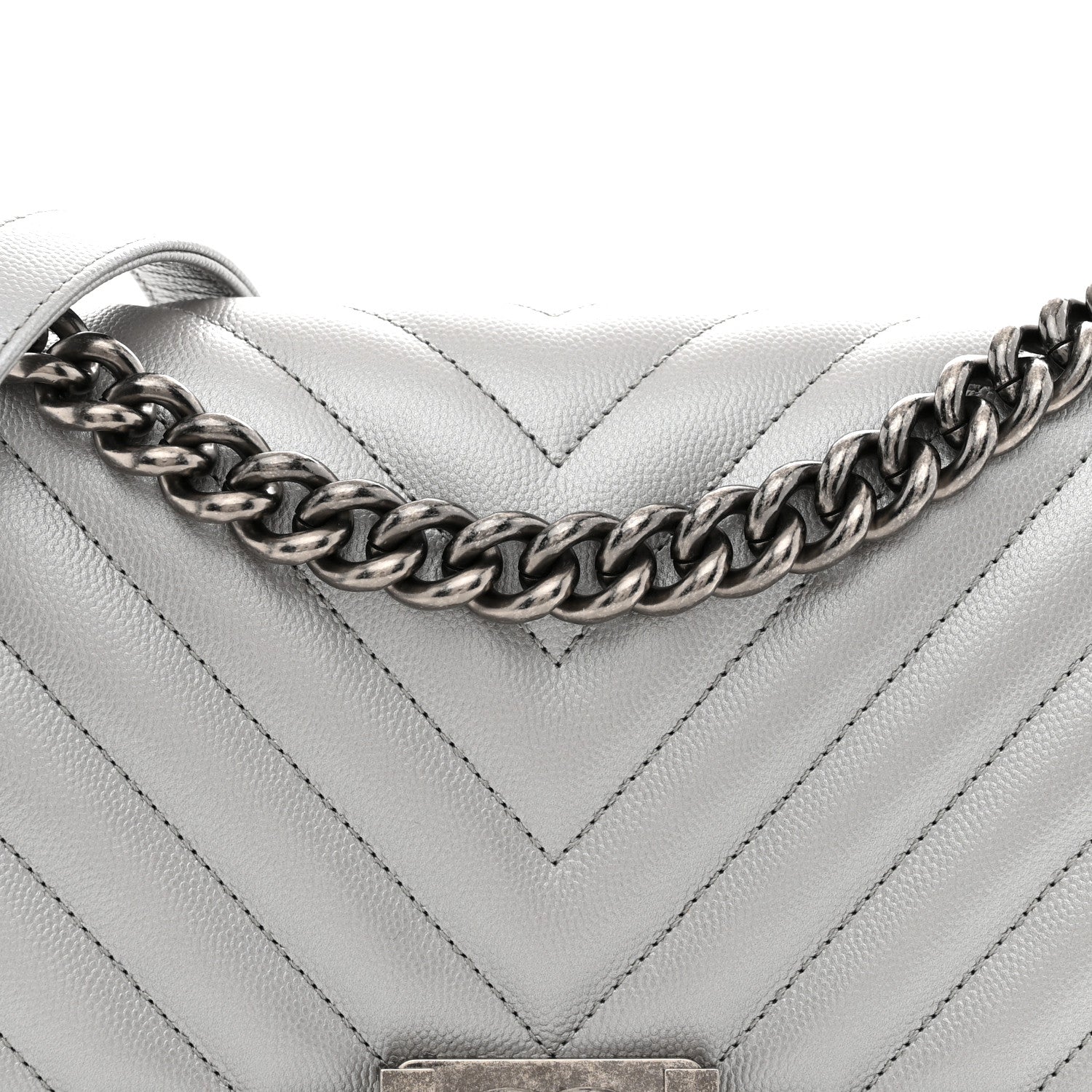 Chanel Metallic Caviar Chevron Quilted Medium Boy Flap Silver 8 of 10