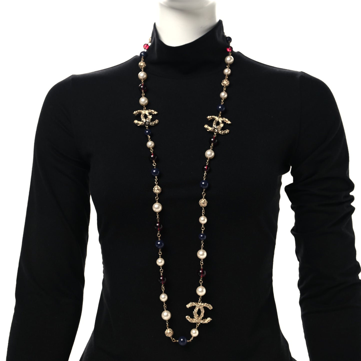 Beaded Pearl CC Long Strand Necklace Blue Red Gold