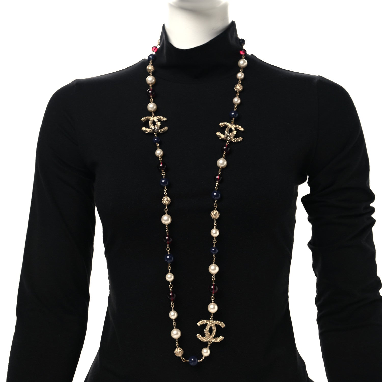 Chanel Beaded Pearl CC Long Strand Necklace Blue Red Gold 2 of 4