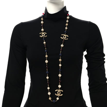 Chanel Beaded Pearl CC Long Strand Necklace Blue Red Gold 2 of 4