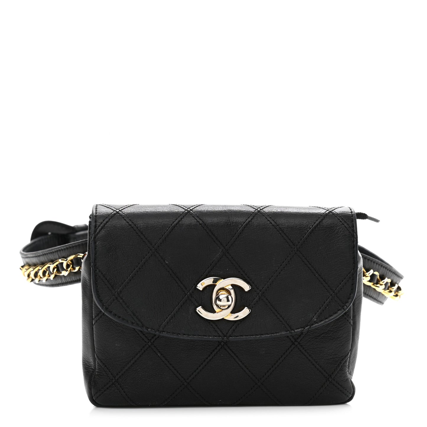 Lambskin Diamond Stitched Flap Waist Belt Bag 75 30 Black