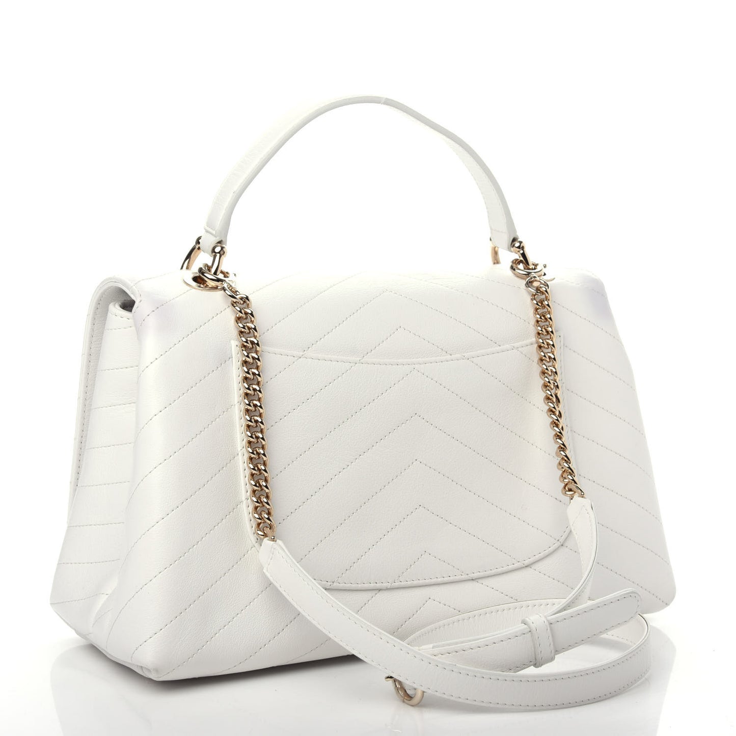 Grained Calfskin Stitched Medium Chevron Chic Top Handle Flap White