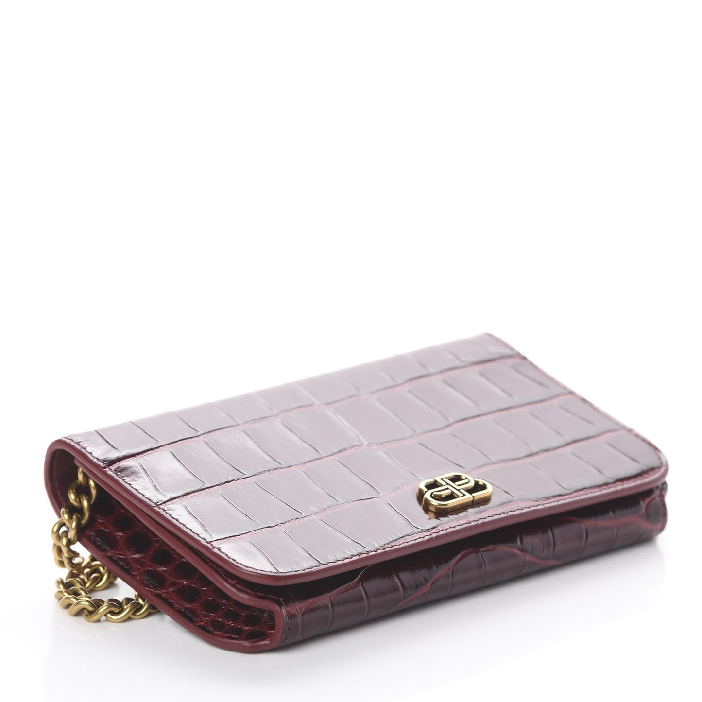 Shiny Calfskin Crocodile Embossed BB Phone Holder Wallet On Chain Dark Red