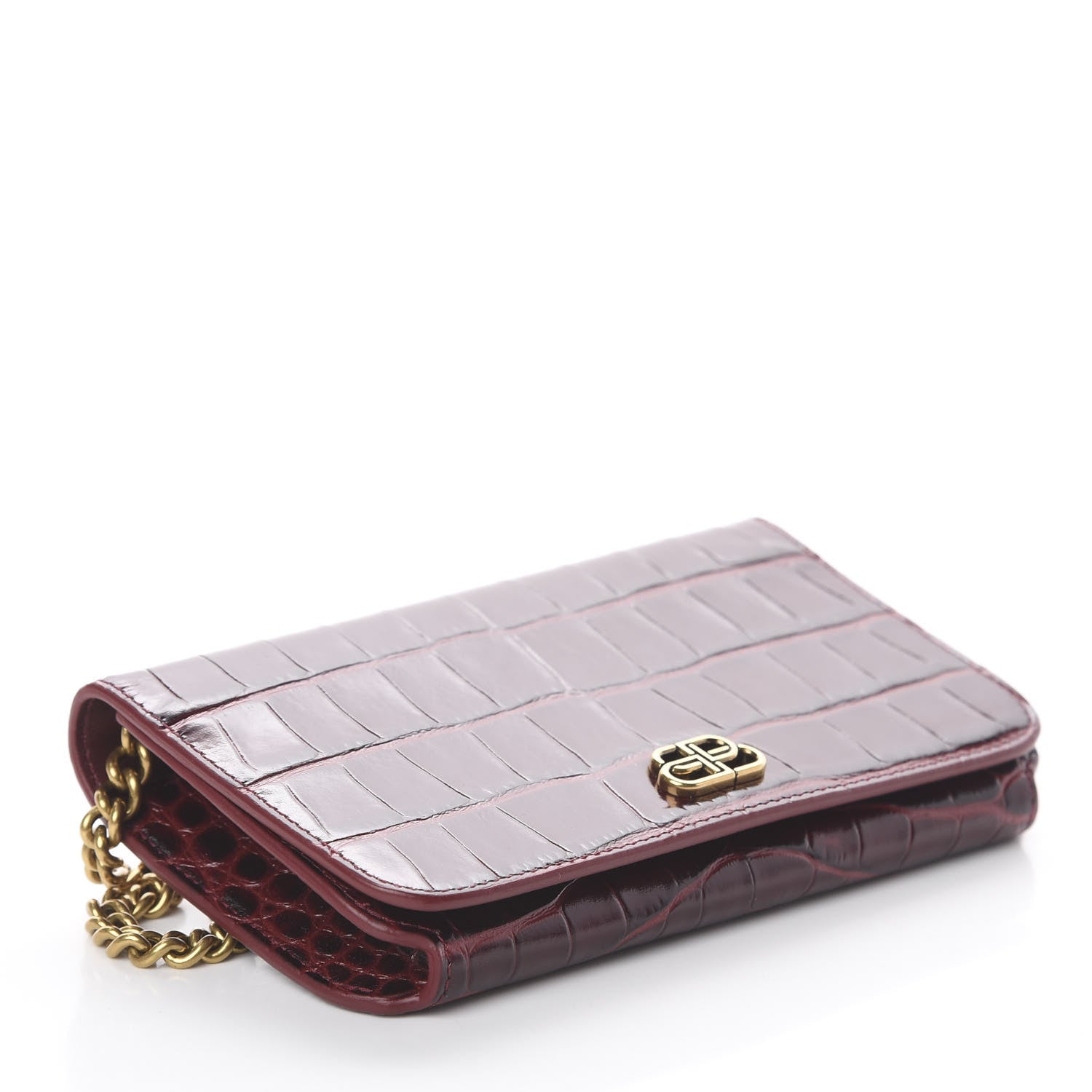 Balenciaga Shiny Calfskin Crocodile Embossed BB Phone Holder Wallet On Chain Dark Red 3 of 7