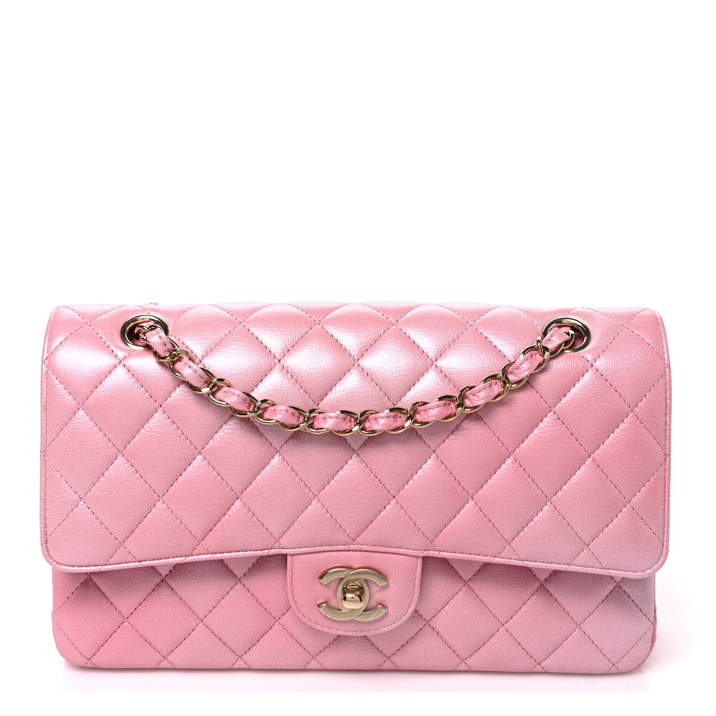 Iridescent Caviar Quilted Medium Double Flap Rose Pink