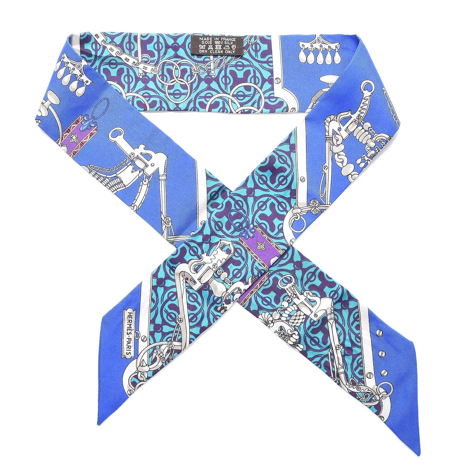 Hermes Silk Mors Et Gourmettes Remix Twilly Bleu Roy Turquoise Prune 1 of 6