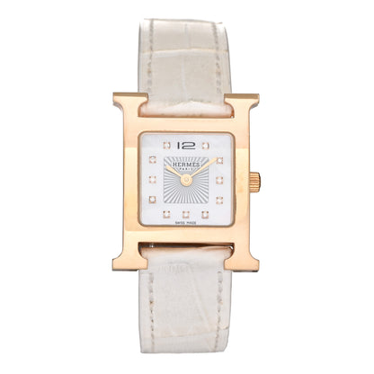 Hermes Stainless Steel Alligator Diamond Mother of Pearl 21mm Heure H Hour Quartz Watch Blanc 1 of 5
