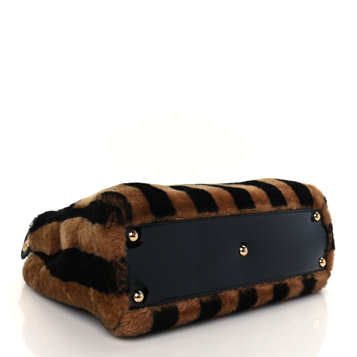 Fendi Shearling Vitello Vernice Mou Pequin Striped Medium Peekaboo Iconic Satchel Tobacco Black 4 of 9