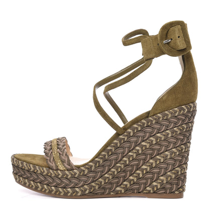 Christian Louboutin Tresse Veau Velours Bodrum 110 Wedge Sandals 39 Green Tea 1 of 8