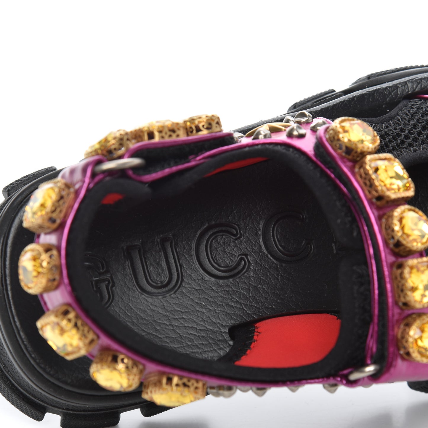 Nappa Mesh Crystal Embellished Studded Womens Aguru Sandals 36 Pink Black