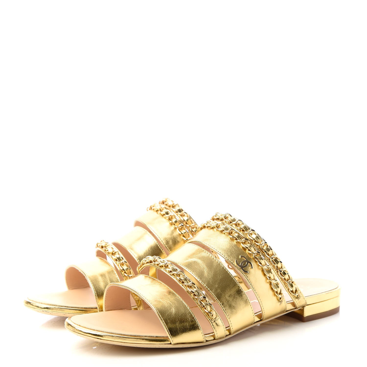 Chanel Metallic Lambskin Chain Mule Sandals 38.5 Gold 3 of 11