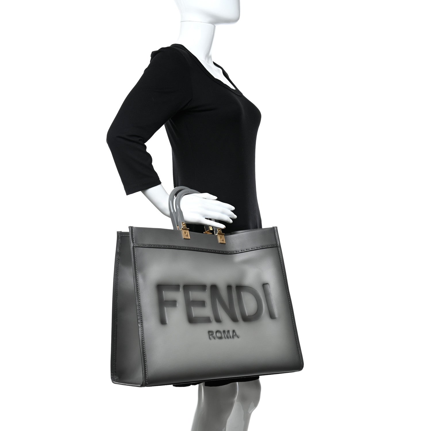 Fendi Vitello King Tamponato Plexiglass Logo Embossed Large Fendi Sunshine Shopper Tote Ghiaccio 2 of 8