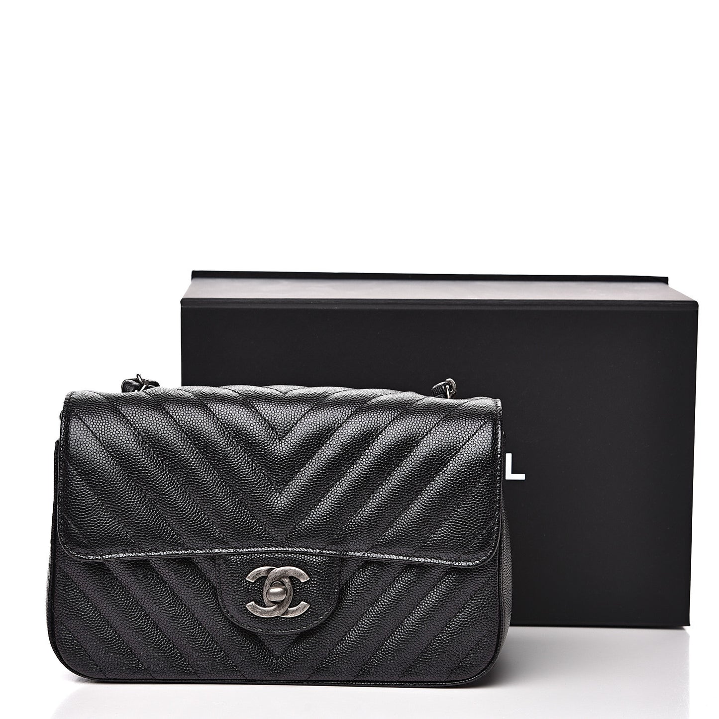 Iridescent Caviar Chevron Quilted Mini Rectangular Flap Black