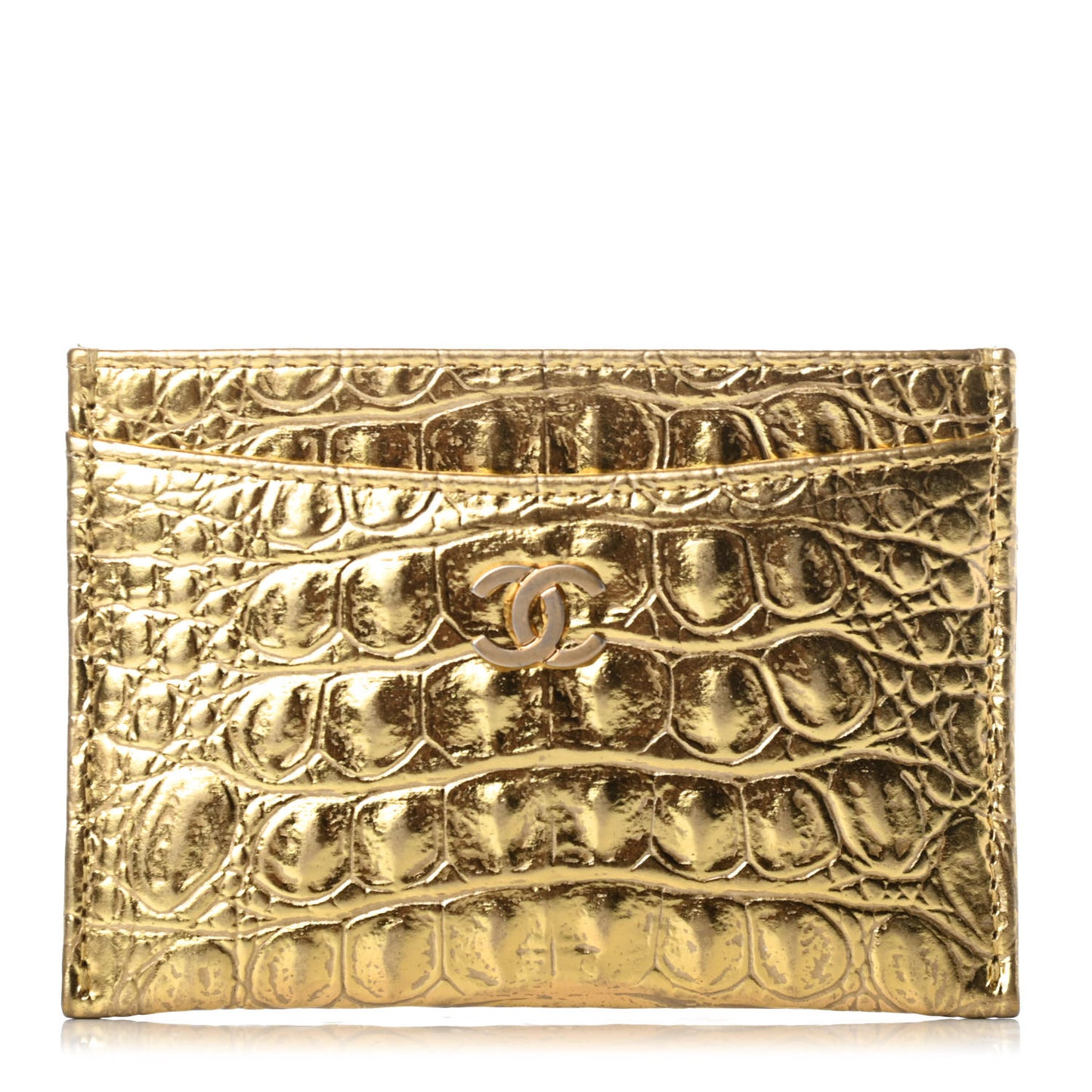 Metallic Calfskin Crocodile Embossed Cocodile Card Holder Gold