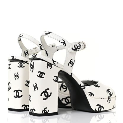 Chanel Printed Lambskin Coco Beach Platform Sandals 38 White Black 4 of 8