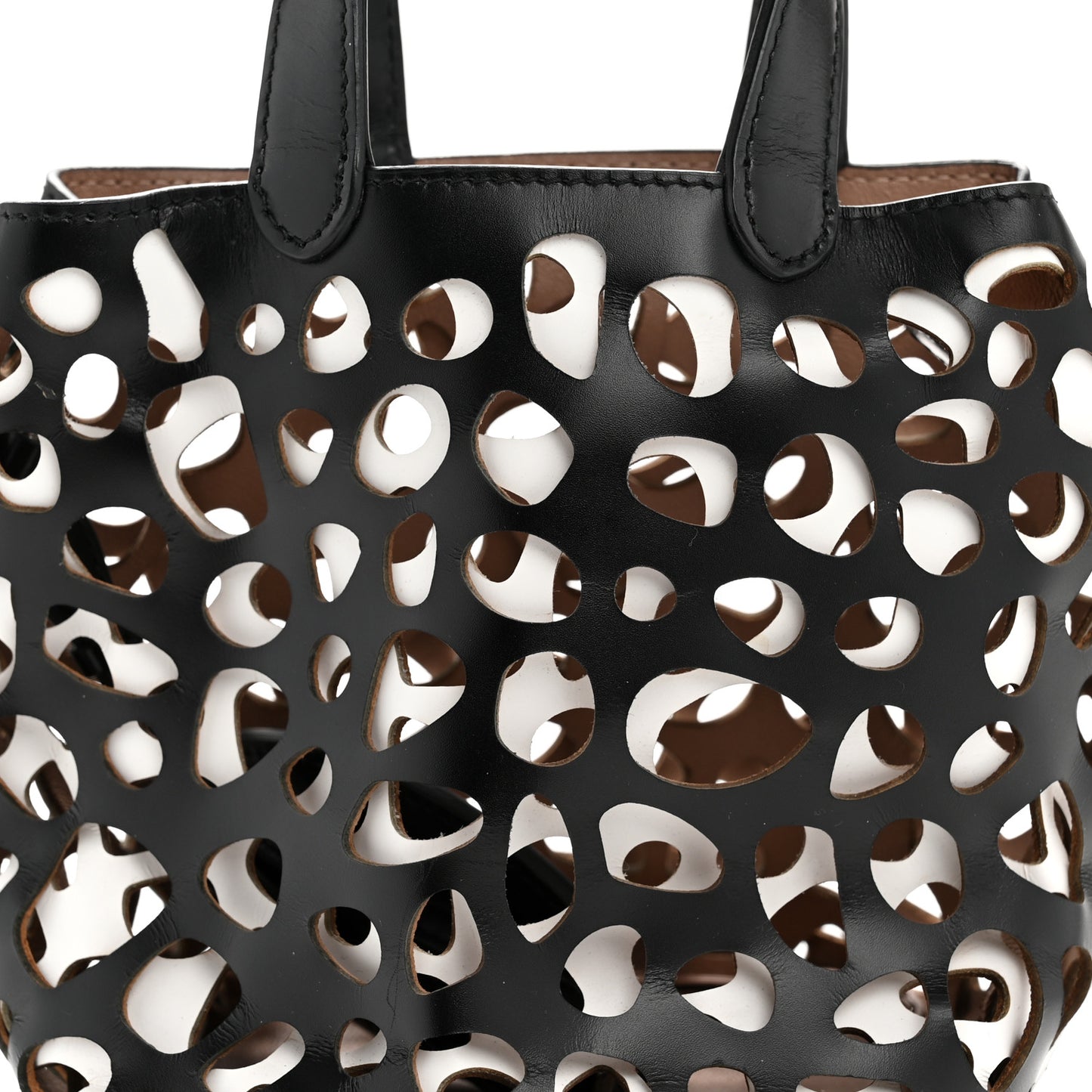 Calfskin Laser Cut Bucket Bag Black White