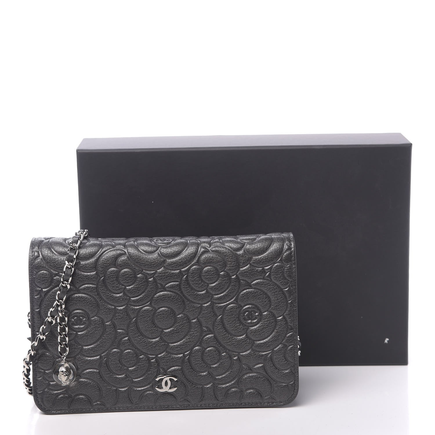 Chanel Goatskin Camellia Embossed Wallet On Chain WOC Grey 14 of 14