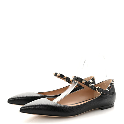 Valentino Garavani Pebbled Calfskin Rockstud Ankle Strap Ballerina Flats 38 Black 4 of 10