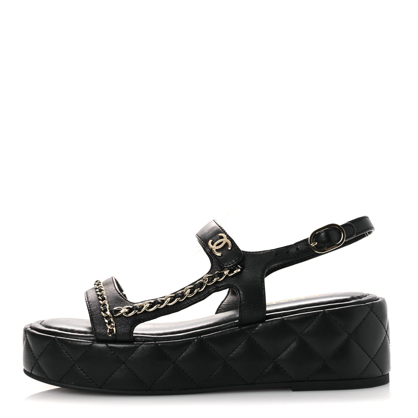 Lambskin Quilted Chain CC Platform Sandals 38 Black