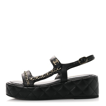 Chanel Lambskin Quilted Chain CC Platform Sandals 38 Black 1 of 11