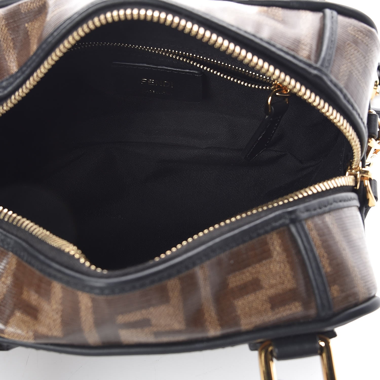 Fendi Glazed Fabric Vitello Century FF 1974 Stamp Patch Mini Boston Box Bag Mogano Panna Black 5 of 10