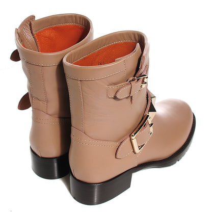 Valentino Garavani Calfskin Lock Studded Biker Boots 36.5 Beige 4 of 8