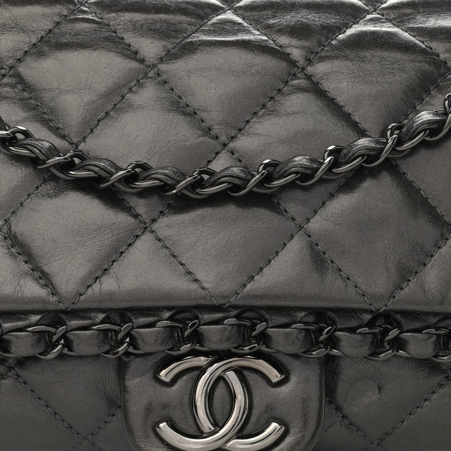 Metallic Calfskin Quilted Medium Chain Me Flap Grey