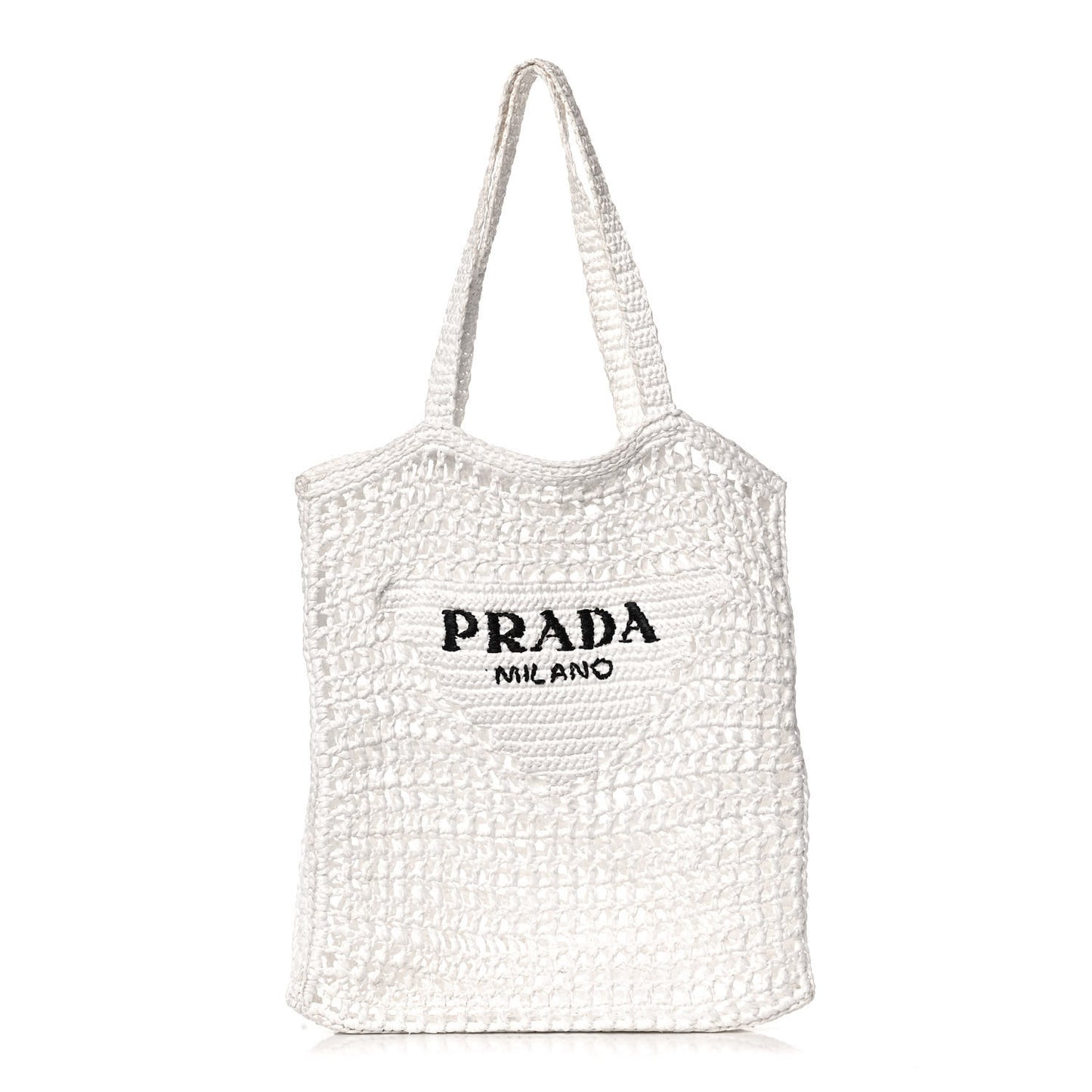 Yarn Raffia Effect Crochet Logo Embroidered Tote Bag White