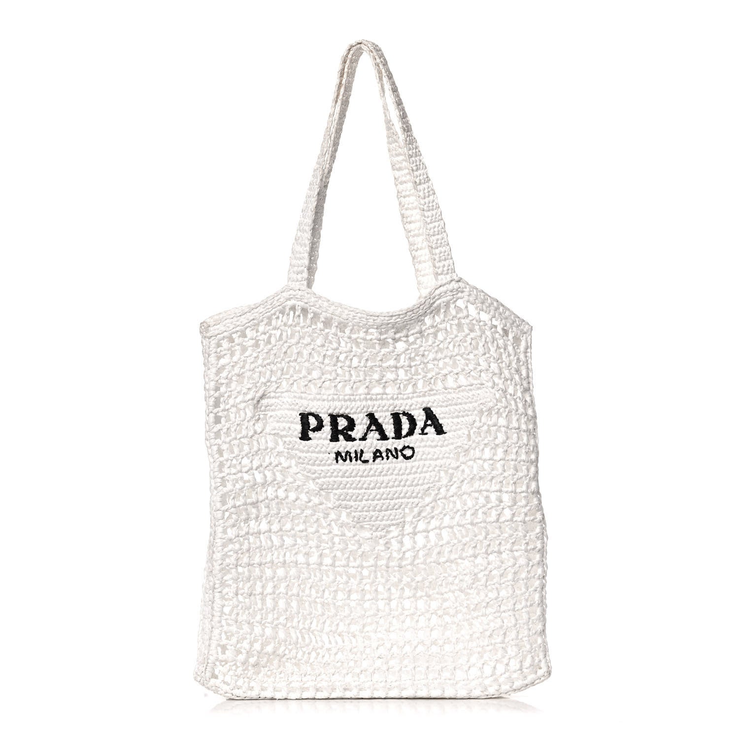 Prada Yarn Raffia Effect Crochet Logo Embroidered Tote Bag White 1 of 15