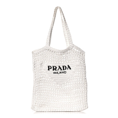 Prada Yarn Raffia Effect Crochet Logo Embroidered Tote Bag White 1 of 15